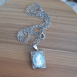 Silver-tone Cat Locket Pendant Necklace